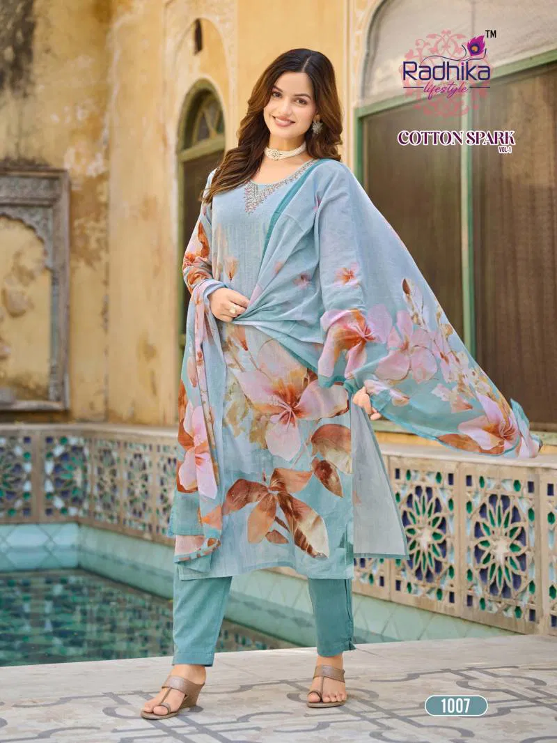 Cotton Spark Vol 1 By Radhika Cotton Printed Kurti Bottom With Dupatta Wholesale Clothing Distributors In India
