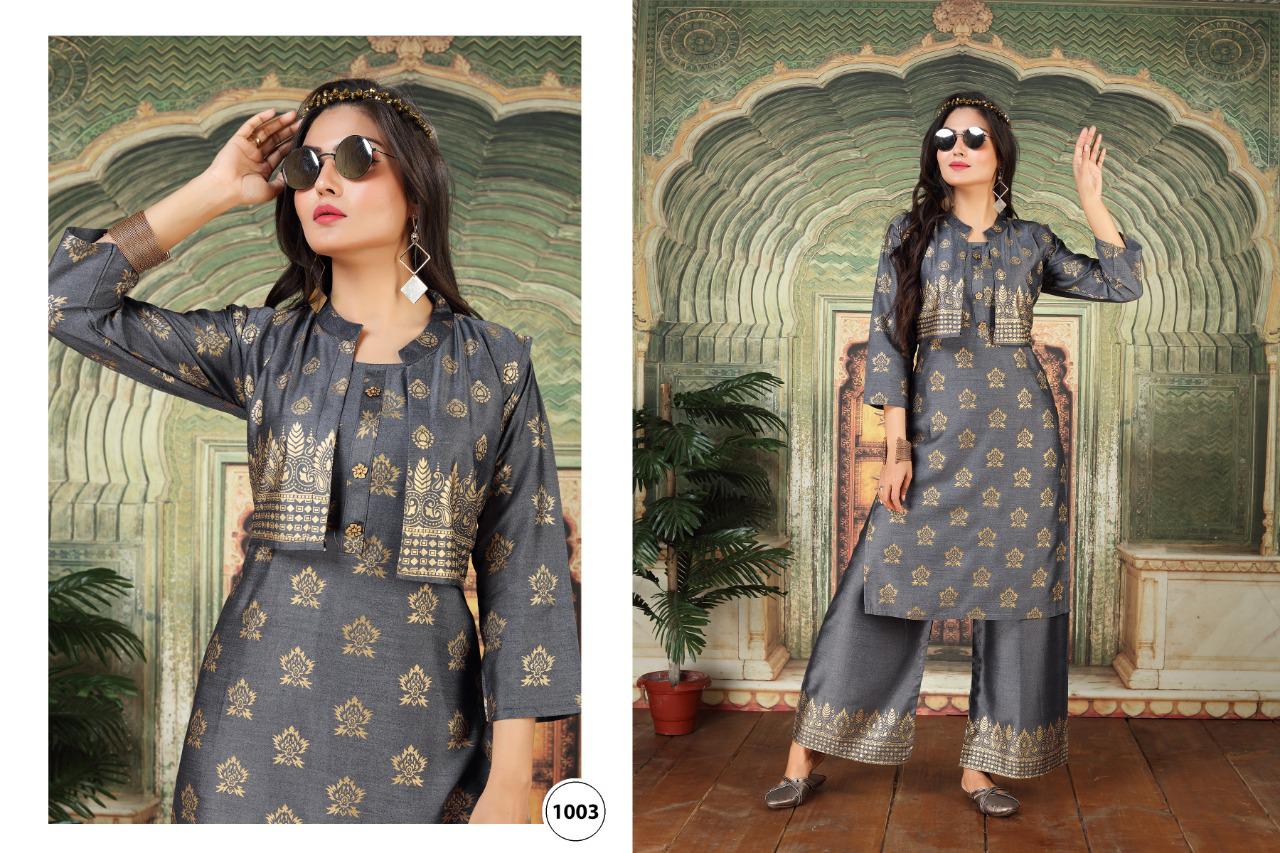Ft Pashmina  Latest Fancy Designer Festive wear Rayon Foil Printed Kurti With Bottom Collection

