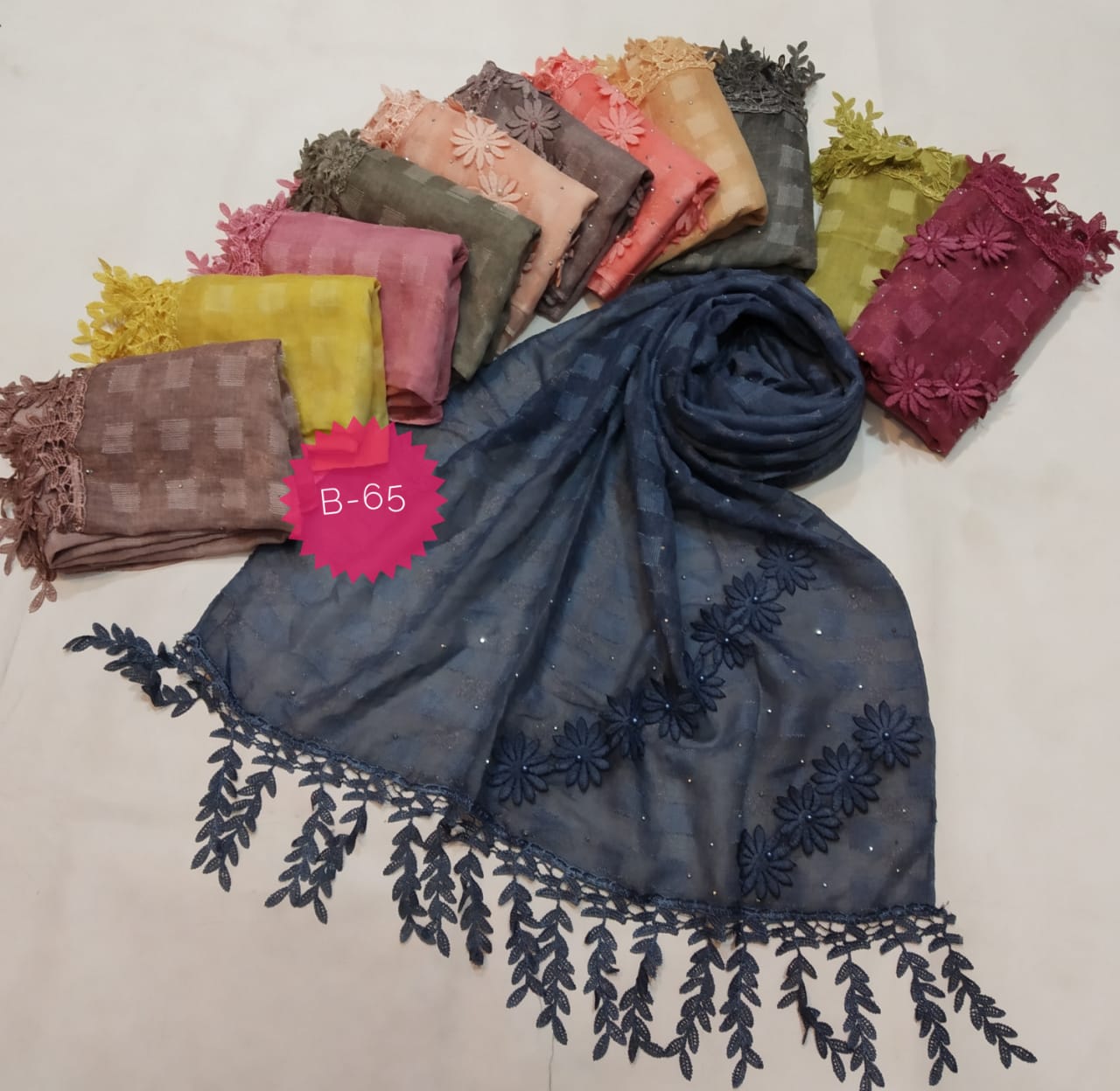B 65 Chex Style With Flower Work  Hijab Collection 