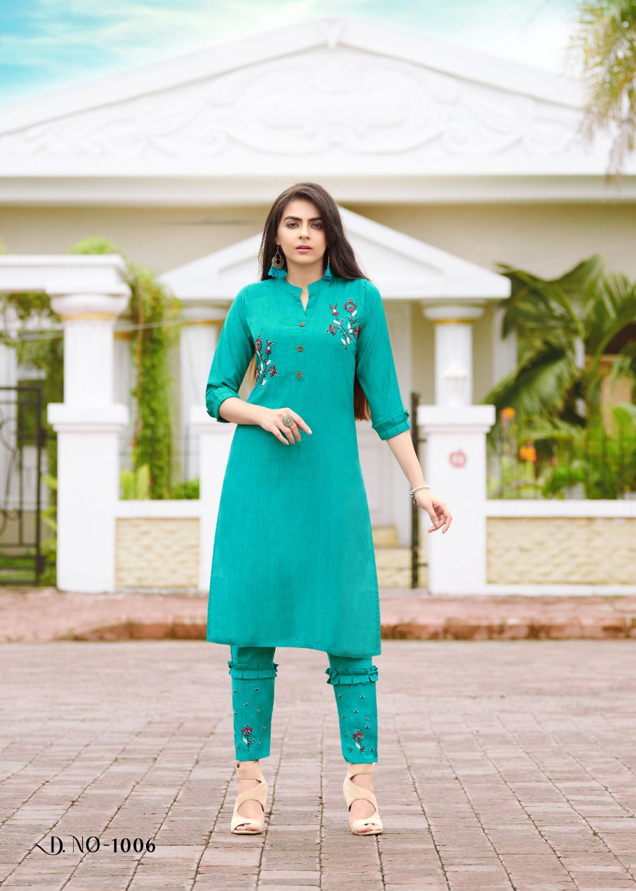 Rangjyot Aarohi 1 Ethnic Wear Rayon With Khatli Work Kurtis With Bottom Collection
