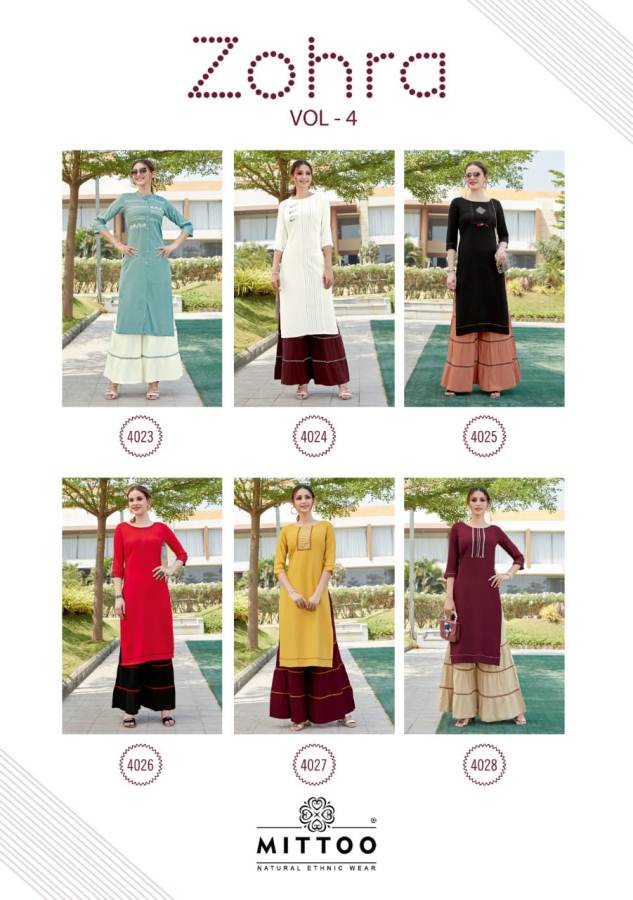 Mittoo Zohra Vol 4 Latest Designer Casual Wear Kurtis With Heavy Designer Plazzo Collection 