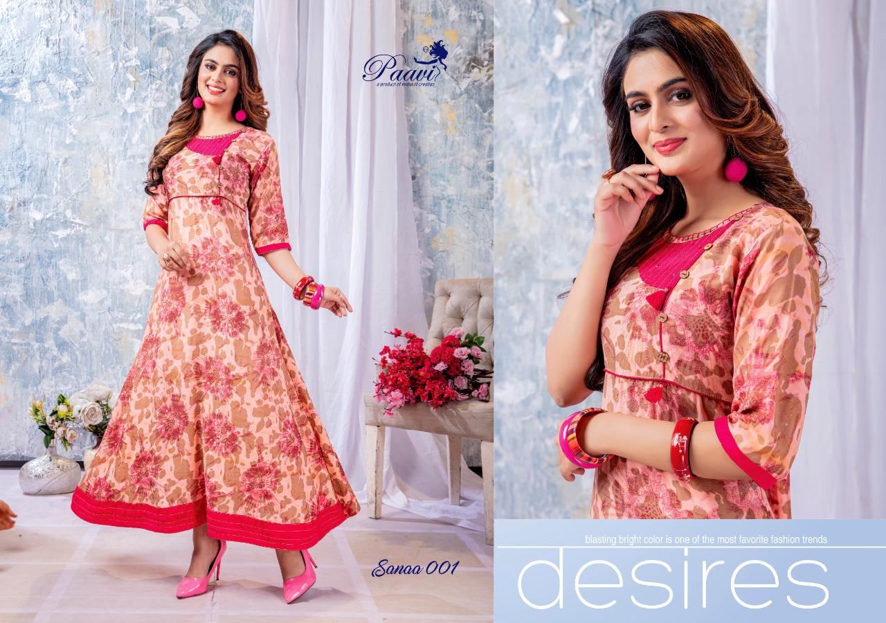 Paavi Sanaa Exclusive Stylish Designer Rayon Casual Wear Long Kurtis Collection 