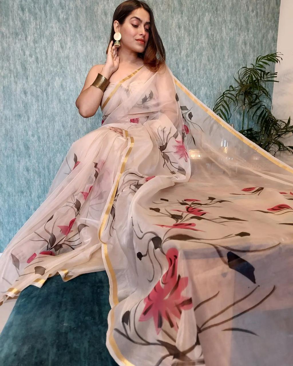 DF121 Organza Gold Patti Border Printed Designer Saree Catalog