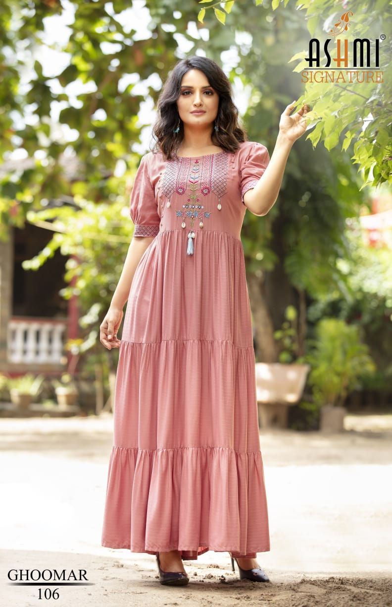 Ashmi Ghoomar New Exclusive Wear Rayon Long Designer Anarkali Kurti Collection