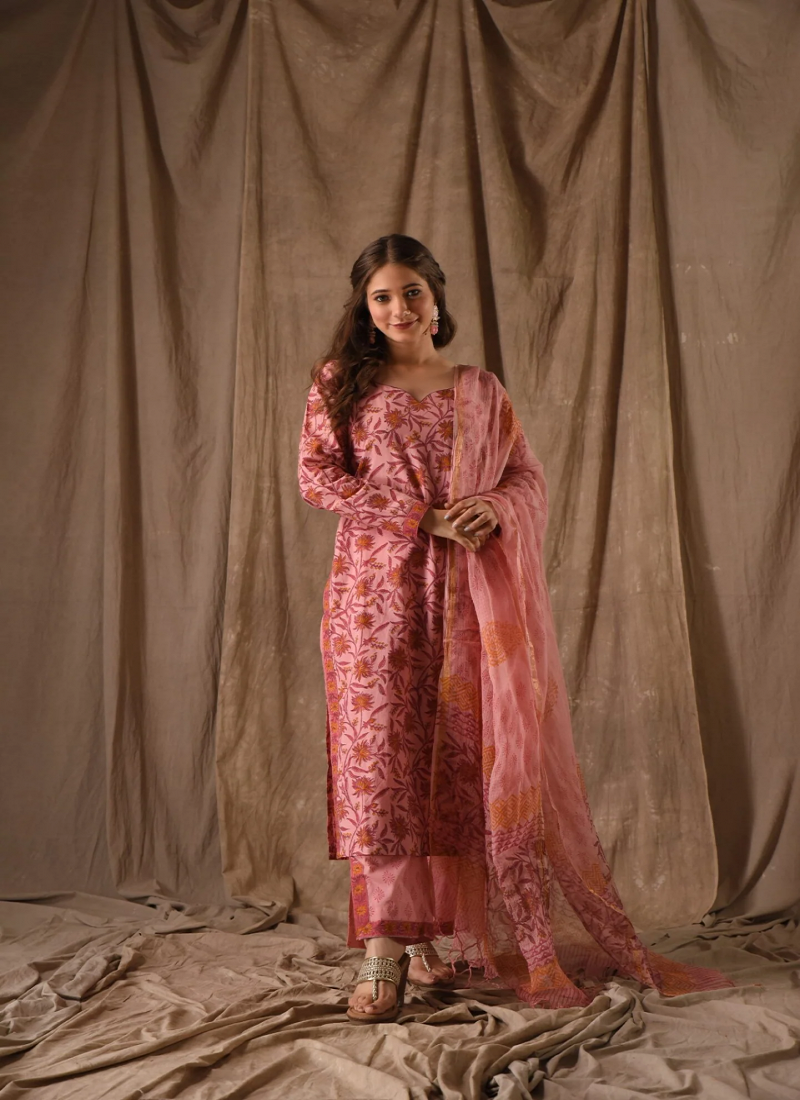 Sku Sp109 Roman Slub Flower Printed Kurti Bottom With Dupatta Exporters In India