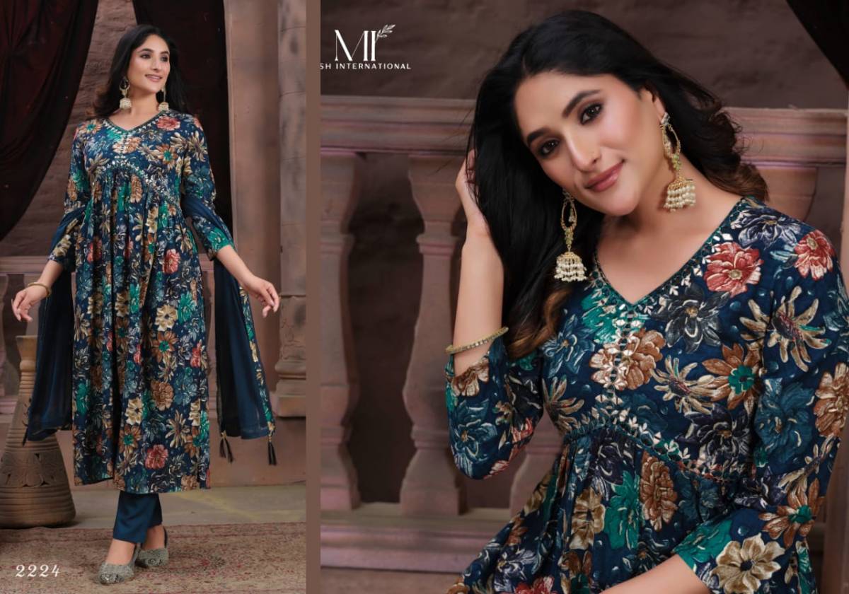 Alia Vol 1 By Moksh 2224 Printed Rayon Alia Cut Kurti With Bottom Dupatta
