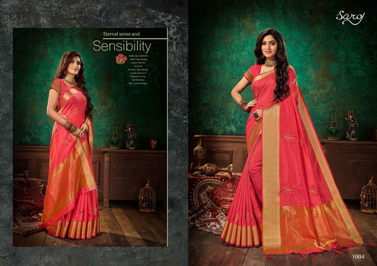 SAROJ ASHWAGANDHA Designer Fancy Casual Wear Soft Vichitra Silk with Banarsi Border and Multi Embroidery Work Saree Collection