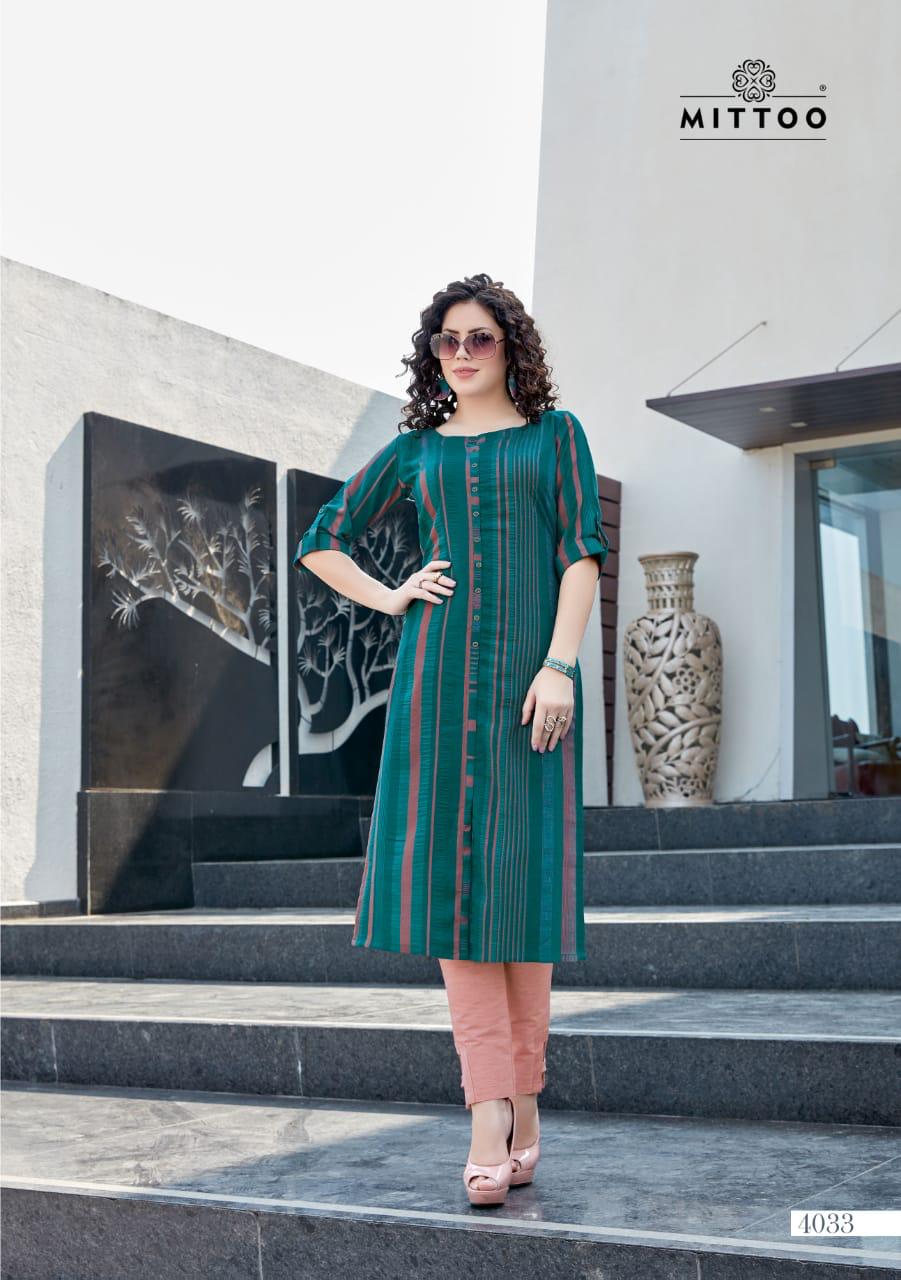 Mitto Mohini Weaving Strips Designer Party wear Kurtis with Rayon Slub Lycra Pant kurtis Collections