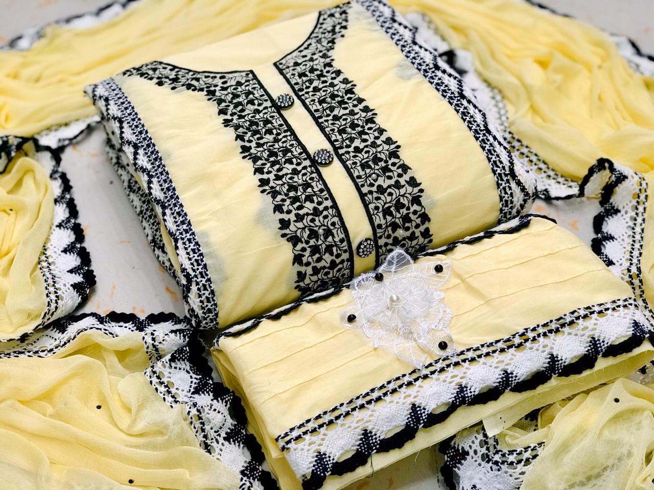 Exclusive Fancy Cotton Dress Material Collection With Beautiful Lace Design and Four Sided Lace Bordered Dupatta 