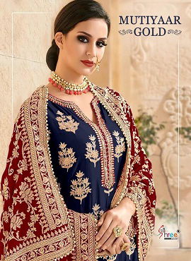 ShreeFab  Mutiyaar Gold Latest Designer Heavy Embroidery Work Salwar Suit Collection With Pure Chinon Heavy Embroidery & Four side Embroidered Lace Dupatta 