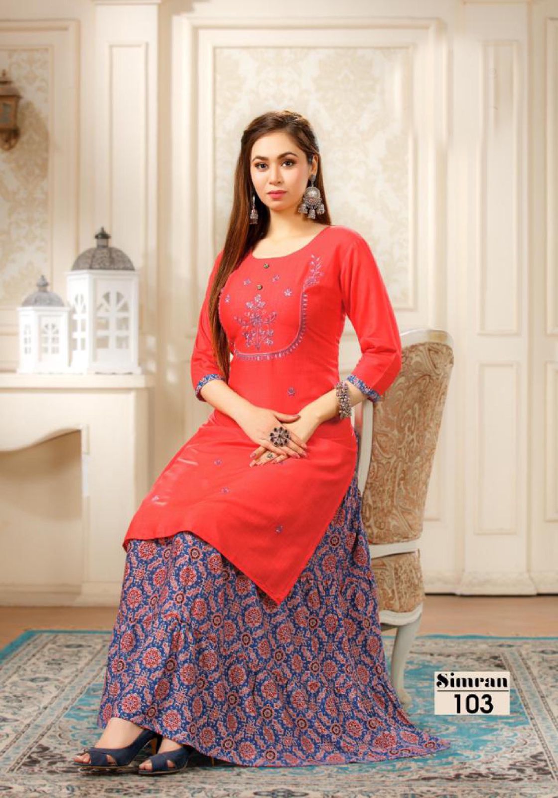 Simran 101 Heavy Designer Ethnic Wear Rayon Printed Kurti With Skirt Collection