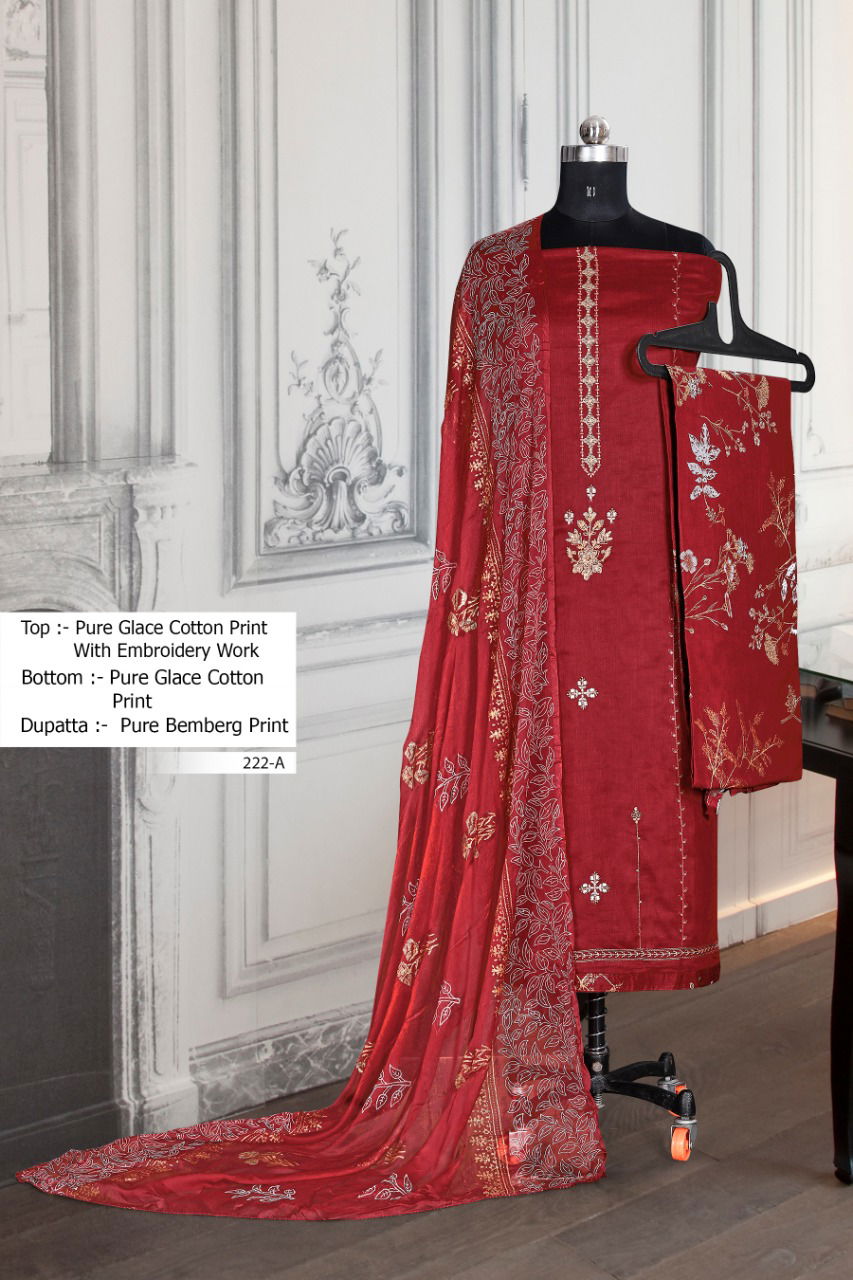 BIPSON 222 COLOURS Exclusive Designer Cotton Glace Print with Embroidery work Top With Chiffon Print Dupatta Dress Material Collection
