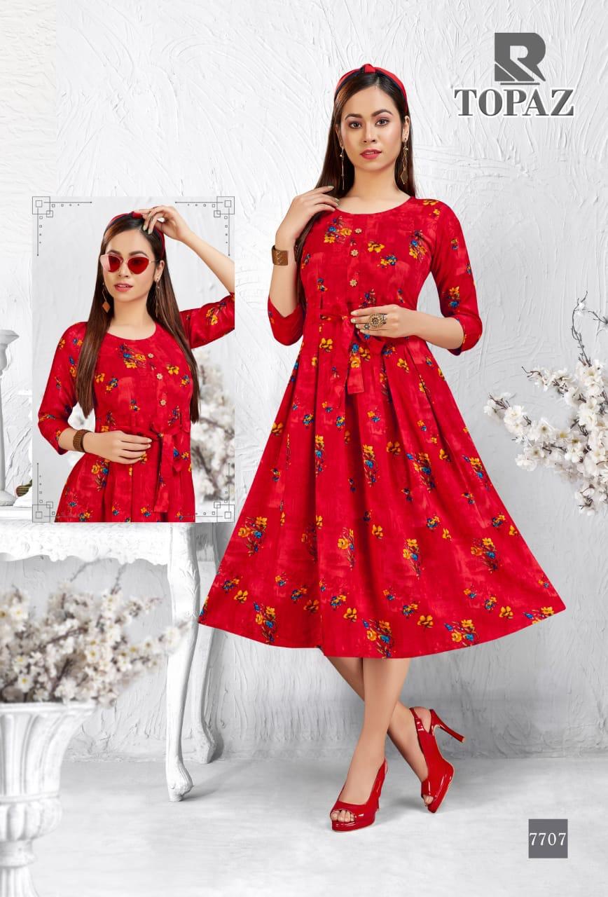 Raashi Topaz Latest Festive Wear Anarkali Style Heavy Rayon Printed Kurti Collection
