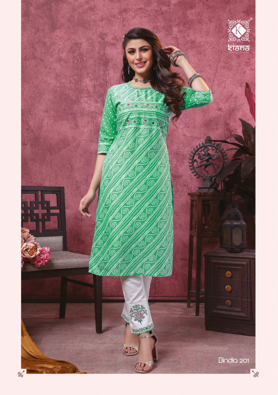 Kiana Bindia 2 Designer Latest fancy Heavy Casual Wear Rayon Cotton Kurti With Bottom Collection
