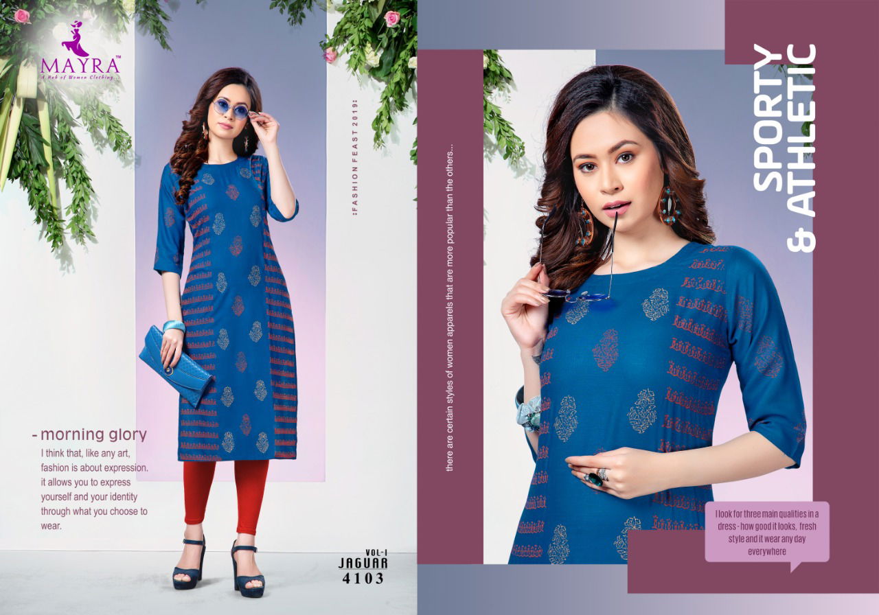 Mayra Jaguar 1 Latest Fancy Designer Casual Regular Wear Printed Designer Rayon Kurtis Collection
