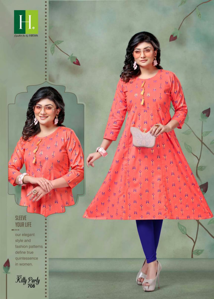 Hirwa Kitty Party 7.3 Latest Fancy Designer Casual Wear Ikkat Print Pure Cambric Cotton Flair Kurti Collection
