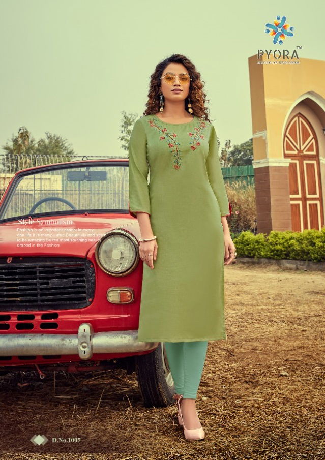 Pyora Mulberry 1 Latest Collection Fancy Ethnic Wear Slub cotton Designer Embroidery Work Butta Kurtis
