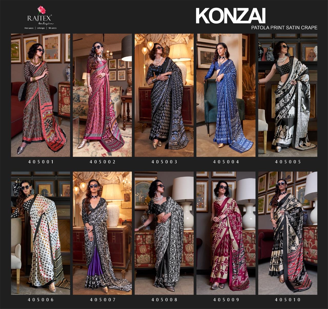 Konzai By Rajtex Patola Printed Satin Crepe Saree Wholesale Price