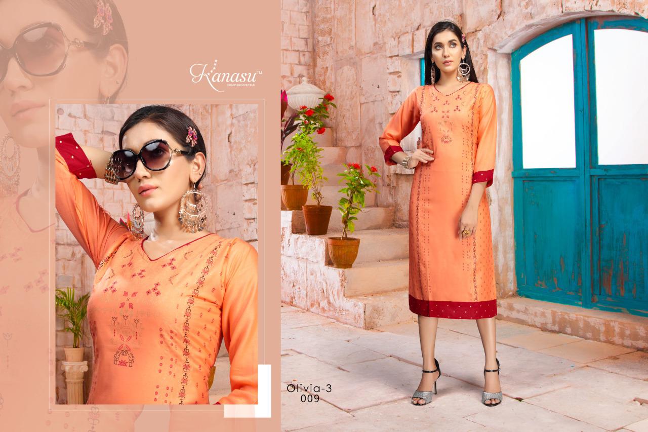 Kanasu Olivia 3 Latest Fancy Designer Heavy Rayon Straight Kurti Collection
