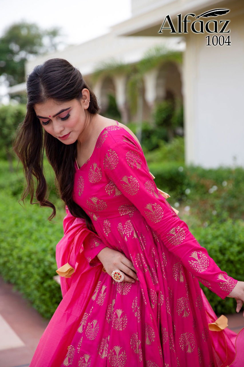 Alfaaz 1 Bandhej Latest Fancy Designer Festive Wear Stylish Masleen Ladies Gown Collection
