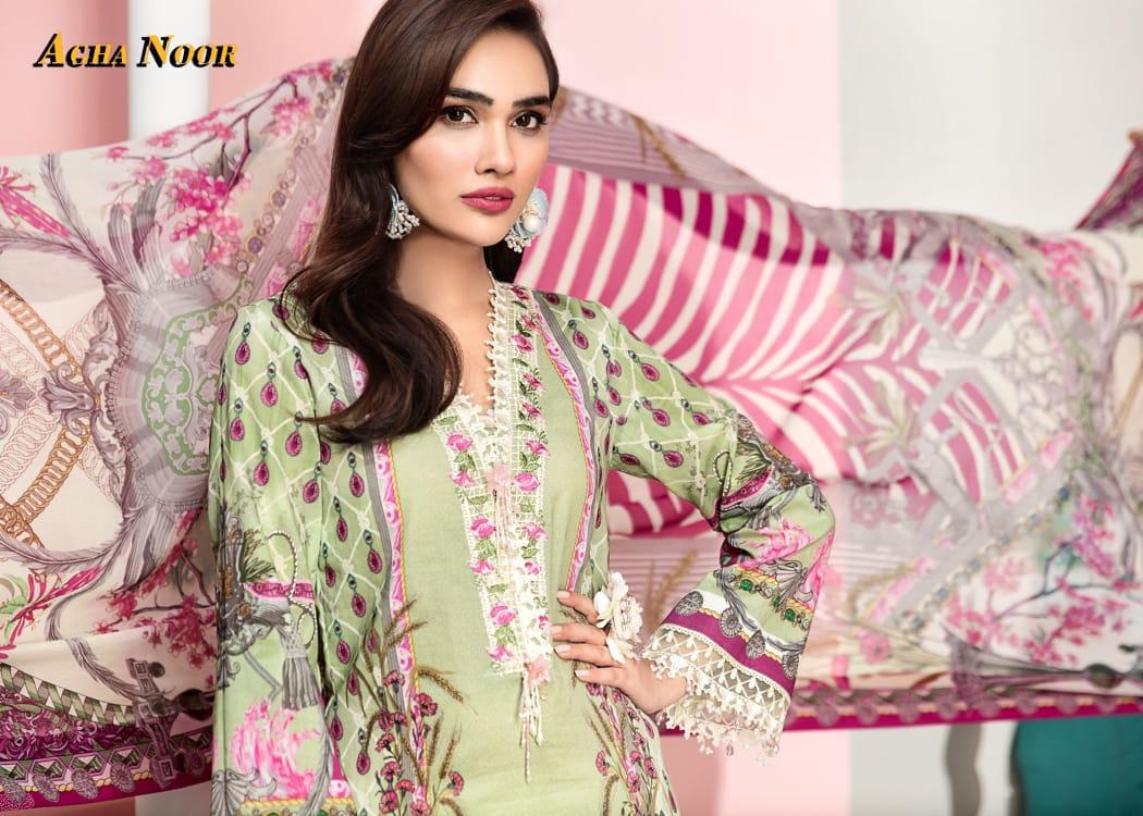 Agha Noor 3 Latest Fancy Festive Wear lawn cotton Top And Bottom With Mal Mal Printed Dupatta Karachi Dress Materials Collection
