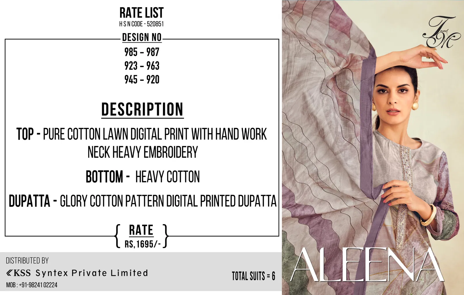Aleena By T&M Cotton Lawn Embroidery Dress Material Wholesalers In Delhi