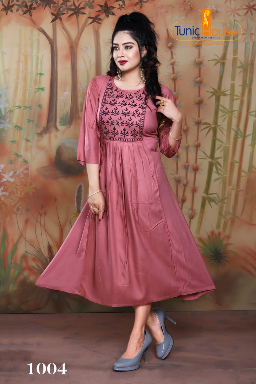 Tunic House Nek Nx Designer Ethnic Wear Embroidery Rayon Kurtis Collection
