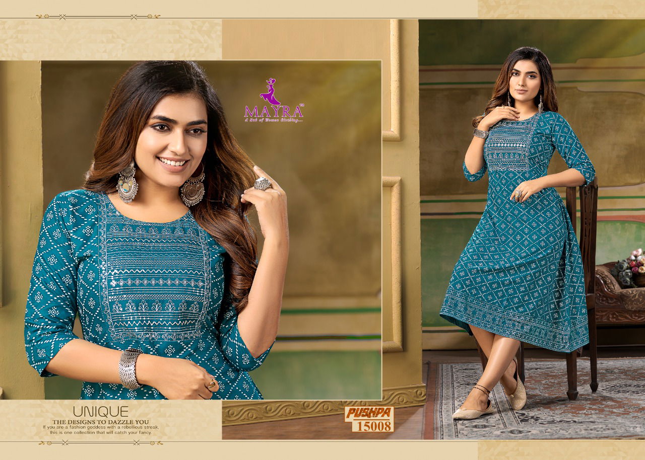 Mayra Pushpa Fancy Ethnic Wear Rayon Printed Anarklai Kurti Collection