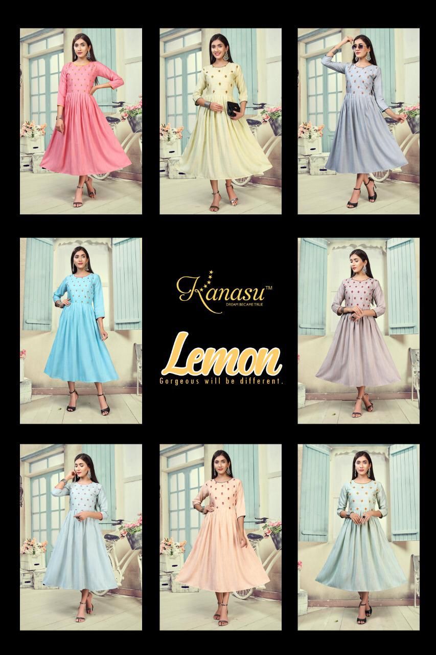 Kanasu Lemon Heavy Rayon Ethnic Wear Anarkali Long Designer Kurtis Collection
