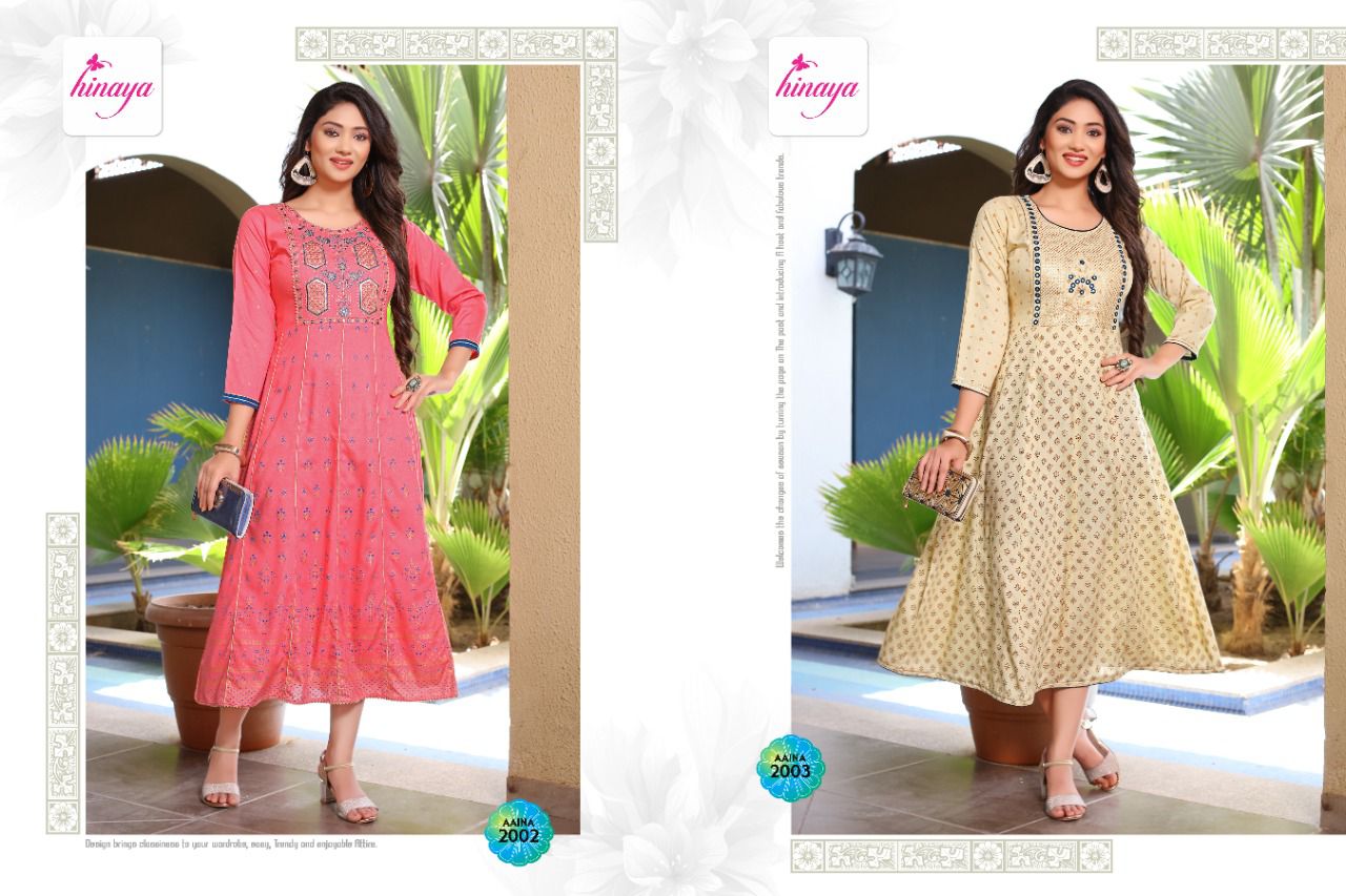 Hinaya Aaina 3 Rayon Printed Designer Ethnic Wear Anarkali Kurti Collection