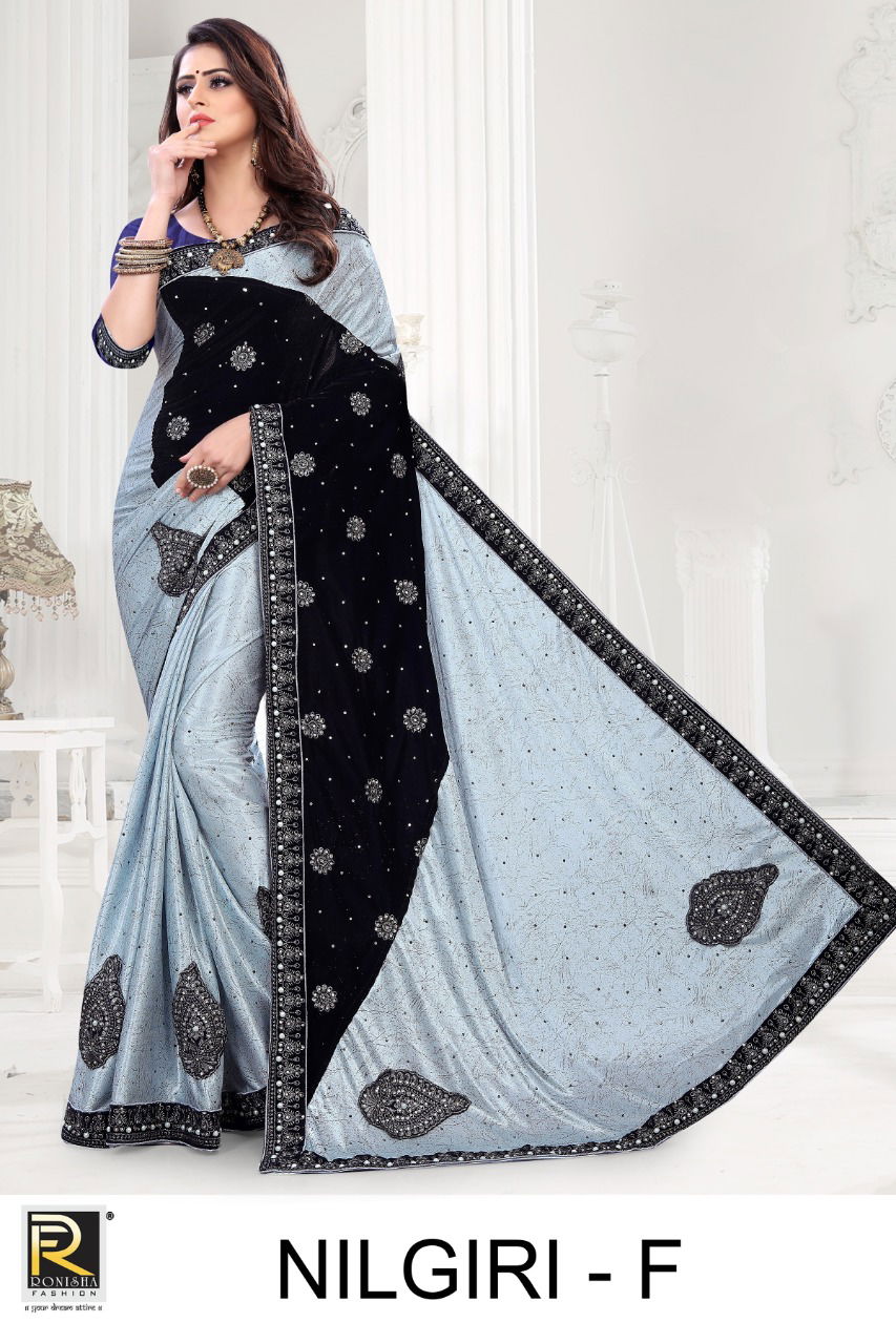 Ronisha Nilgiri Latest Designer Embroidery Worked Heavy Festive Wear Saree Collection
