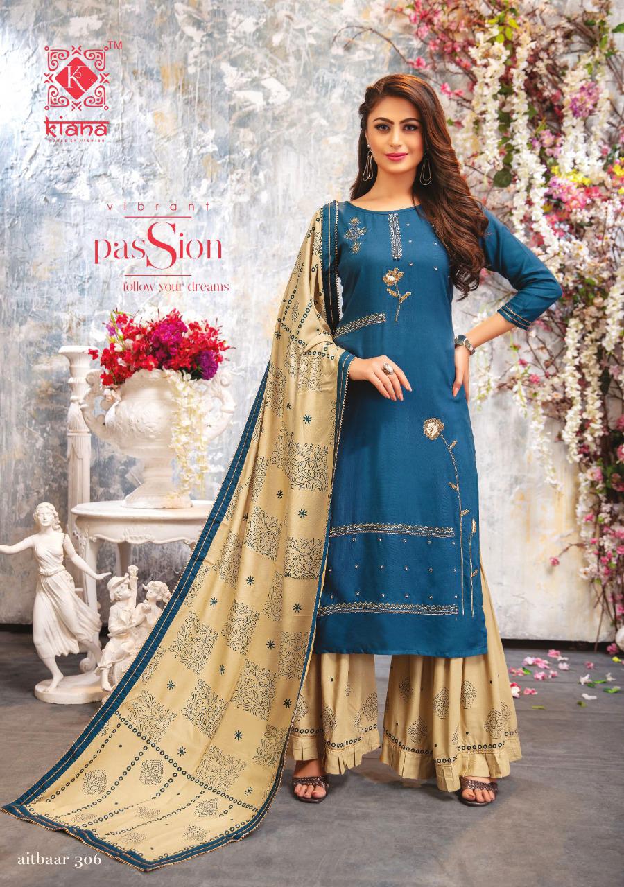 KIANA AITBAAR VOL-3 Latest Designer Fancy Festive Wear Rayon Top With Embroidery Work And Gold Print Readymade Salwar Suit Collection