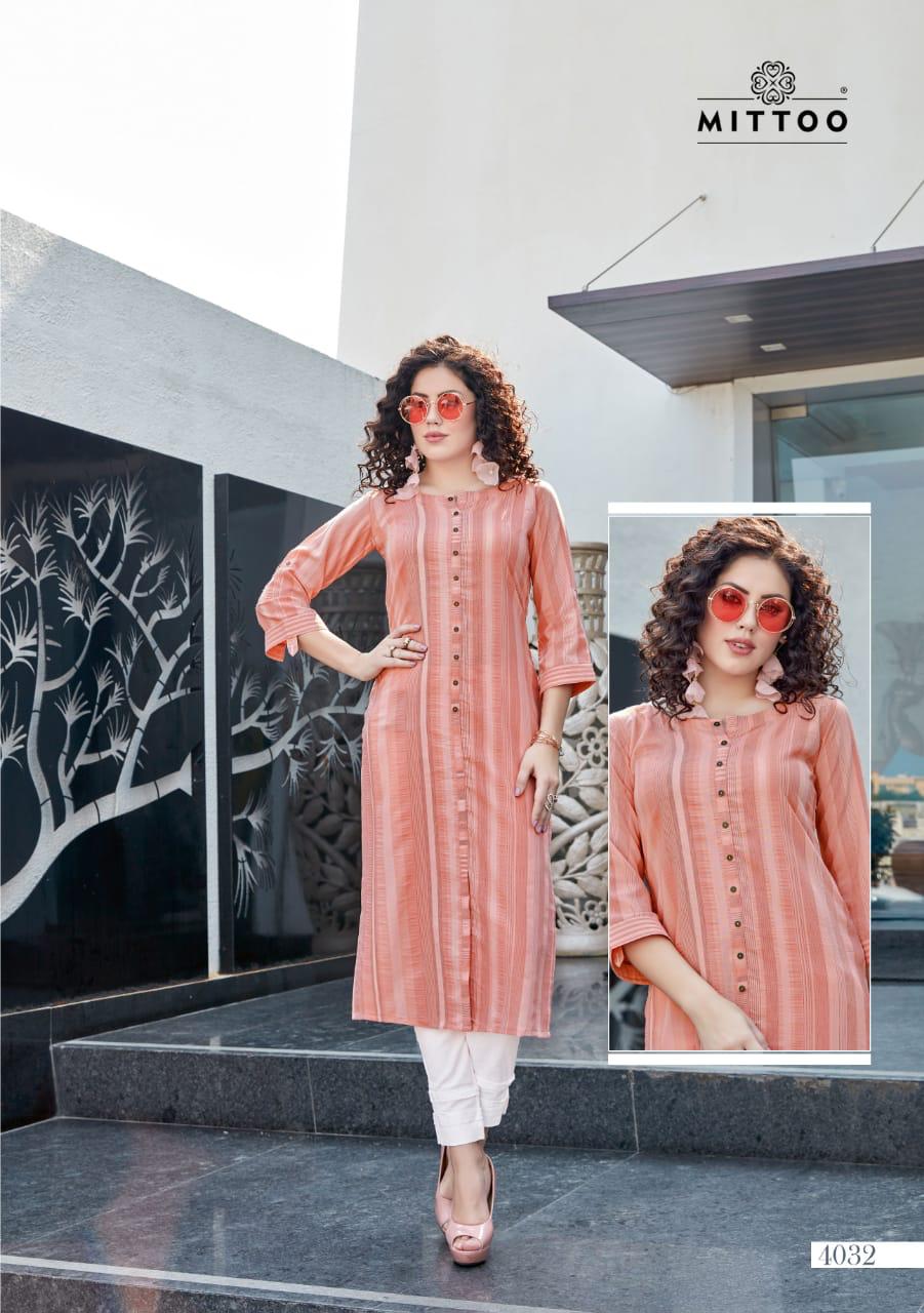 Mitto Mohini Weaving Strips Designer Party wear Kurtis with Rayon Slub Lycra Pant kurtis Collections
