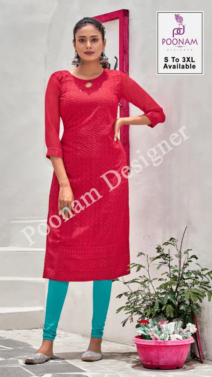 Poonam Chikankari Ethnic Wear Georgette Chikan work With sequence work Kurtis Collection
