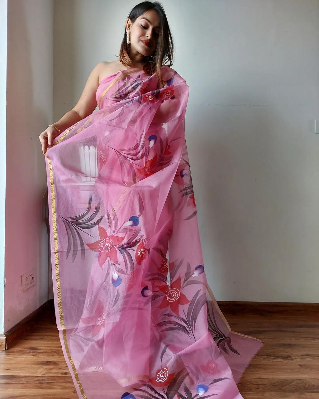 DF121 Organza Gold Patti Border Printed Designer Saree Catalog