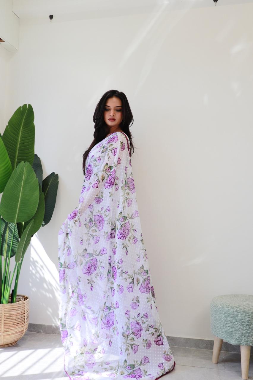 Dac Purple Rose Floral Printed Readymade Sarees Suppliers In India