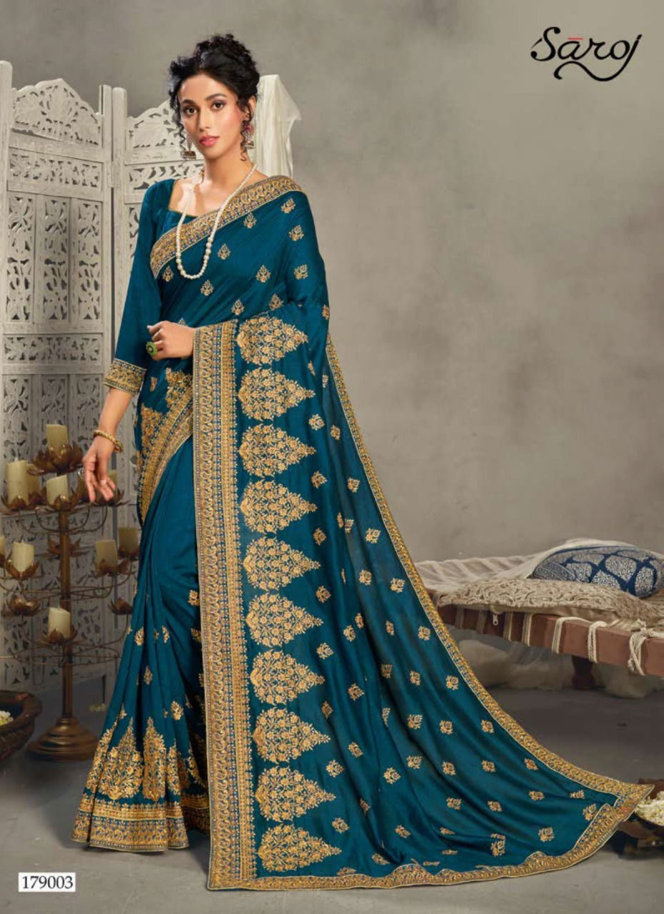 SAROJ VIDHA Latest Fancy Designer Heavy Festive Wear Vichitra Silk With Heavy Embroidery and Diamonds Work and Butti Saree Collection