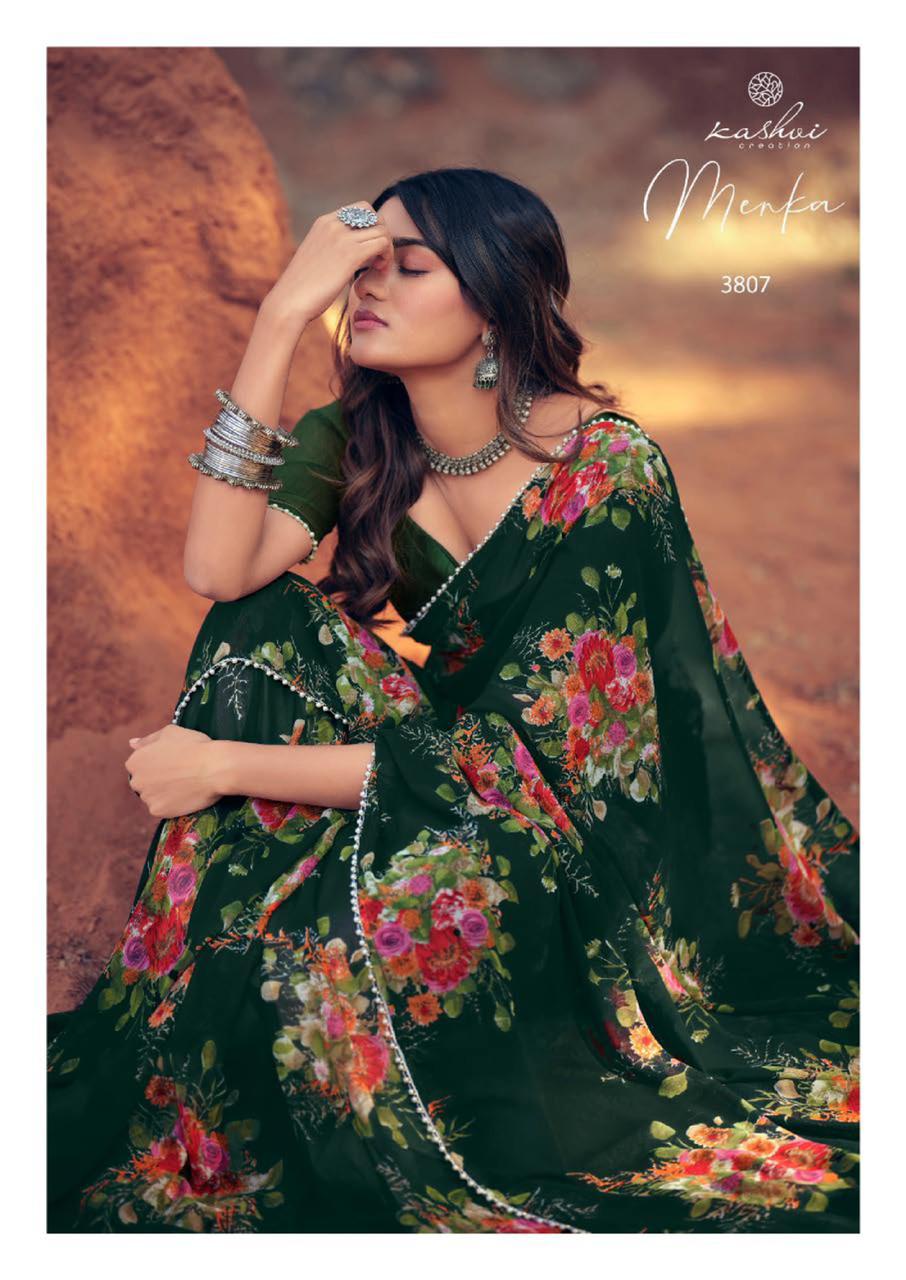 Kashvi Menka Latest Fancy Designer Festive Wear Silk Weightless Floral Chiffon Saree Collection
