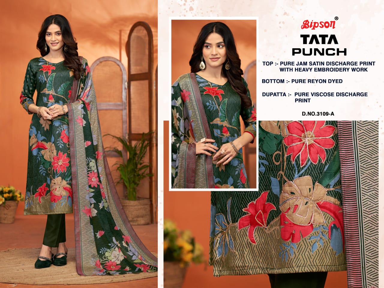 Tata Punch 3285 By Bipson Jam Satin Dress Material Wholesalers in Delhi
