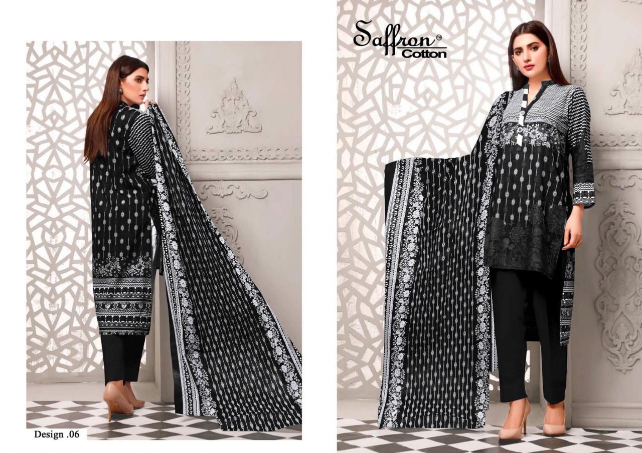 Saffron Latest Fancy Designer Casual Wear Black And White Printed Cotton Dress Material Collection
