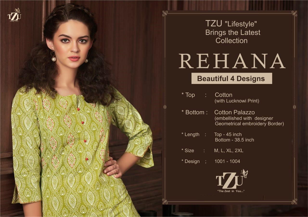 TZU REHANA Latest Casual Wear Lucknowi Print With Embroidery Work Pure Cotton Kurti With Palazzo Collection 