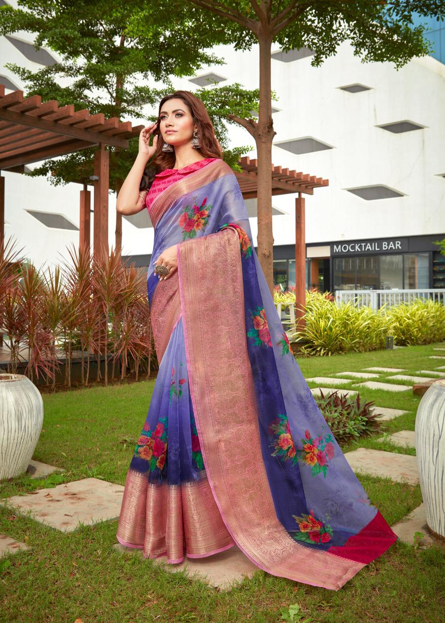 Shvetamber Peacock Kutthu Pattu Latest Designer Party Wear Stylish Digital Printed Organza Saree Collection 