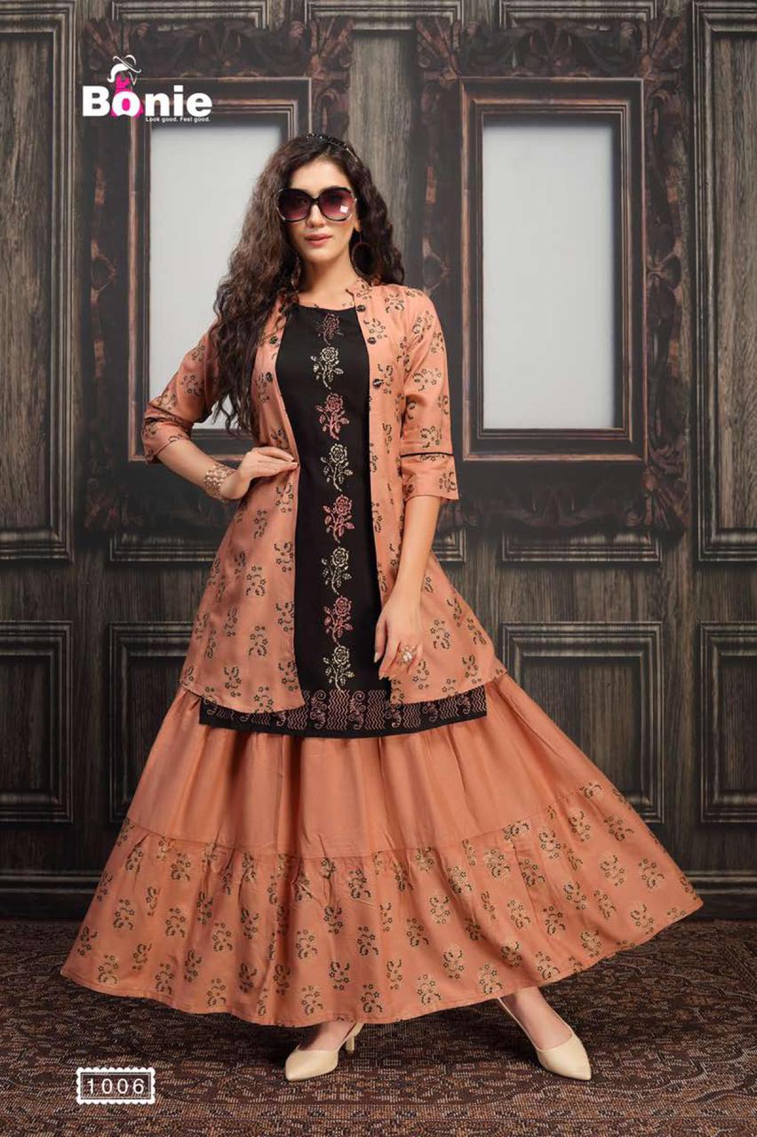 Bonie Jacket House Fancy Party Wear Jacket With Skirt rayon Printed Kurtis Collection
