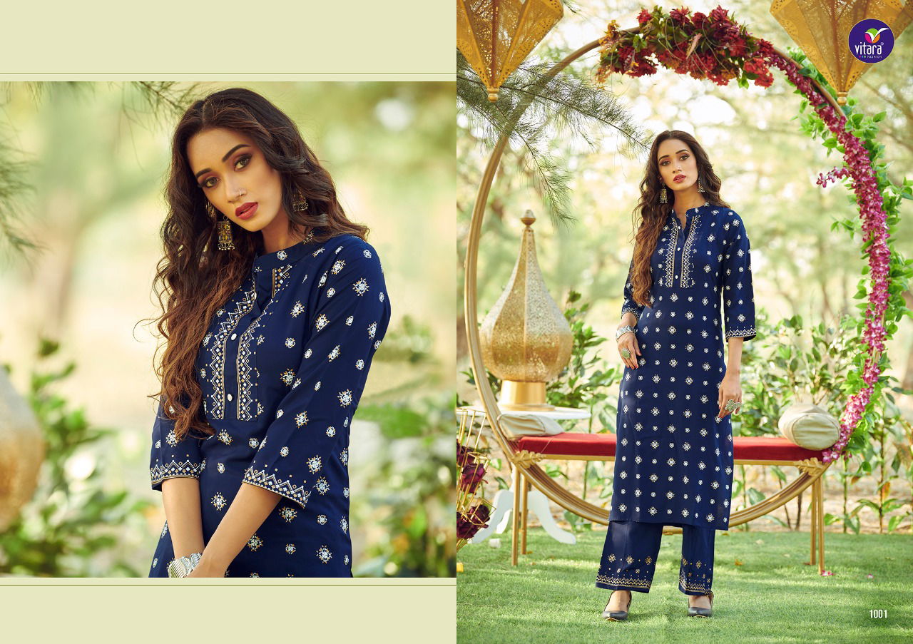 Vitara Marvel Latest Fancy Ethnic Wear Heavy Rayon Foil Printed Kurti With Bottom Collection
