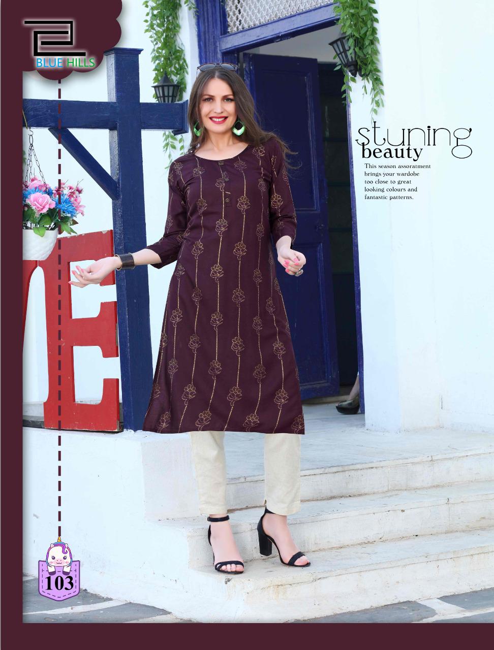 Blue Hills Divine fancy Ethnic Wear rayon With Gold Print Kurti With Bottom Designer Kurtis Collection