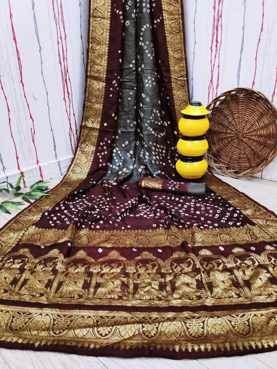 Rass Leela Bandhej Art Silk Weaving Bandhej Work Designer Sarees Collection
