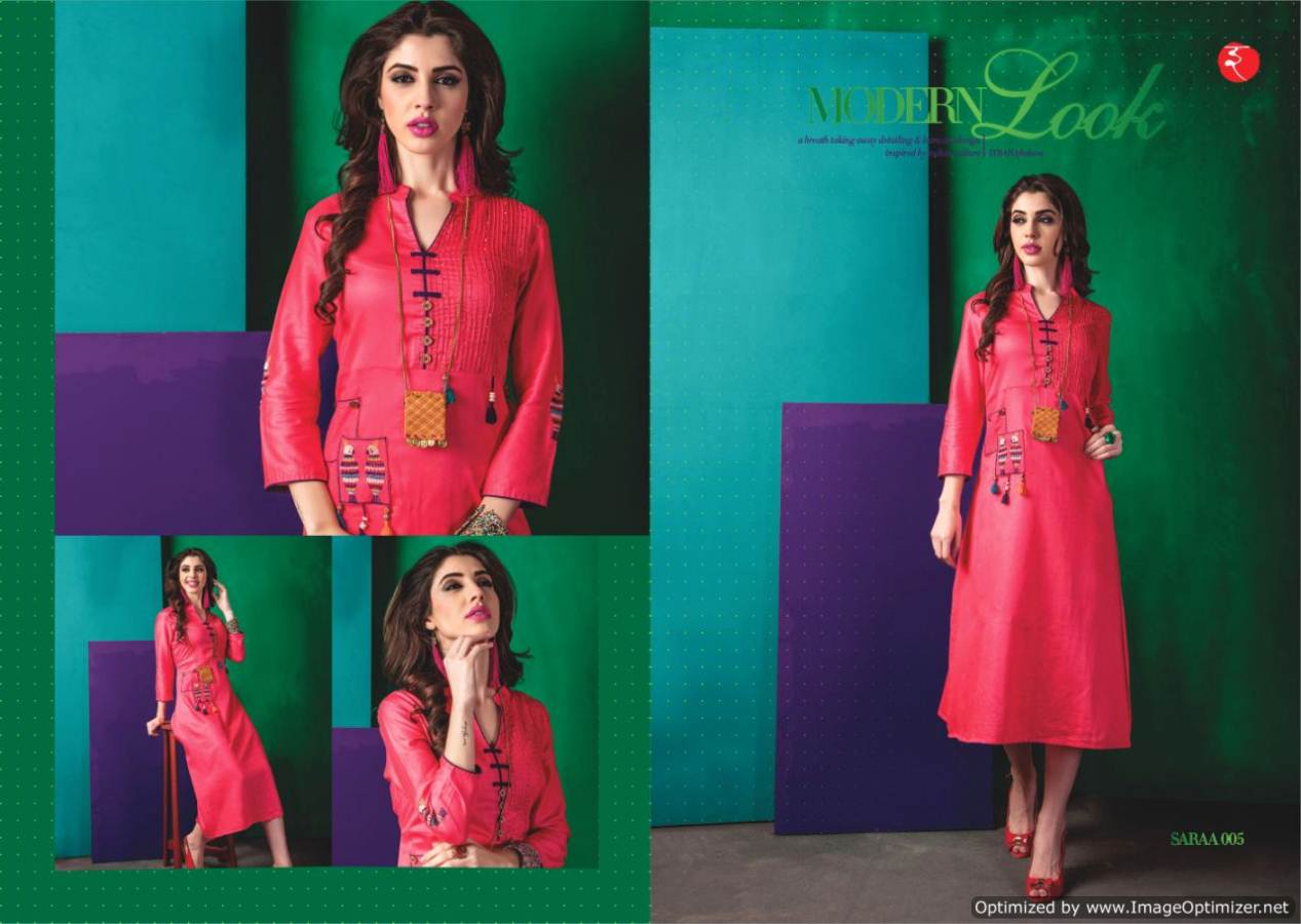 Saraa Launch New Latest Wonderful Party Wear Designer Kurti With Embroidery Work Three Fourth sleeves And Beautiful Neck Designs 