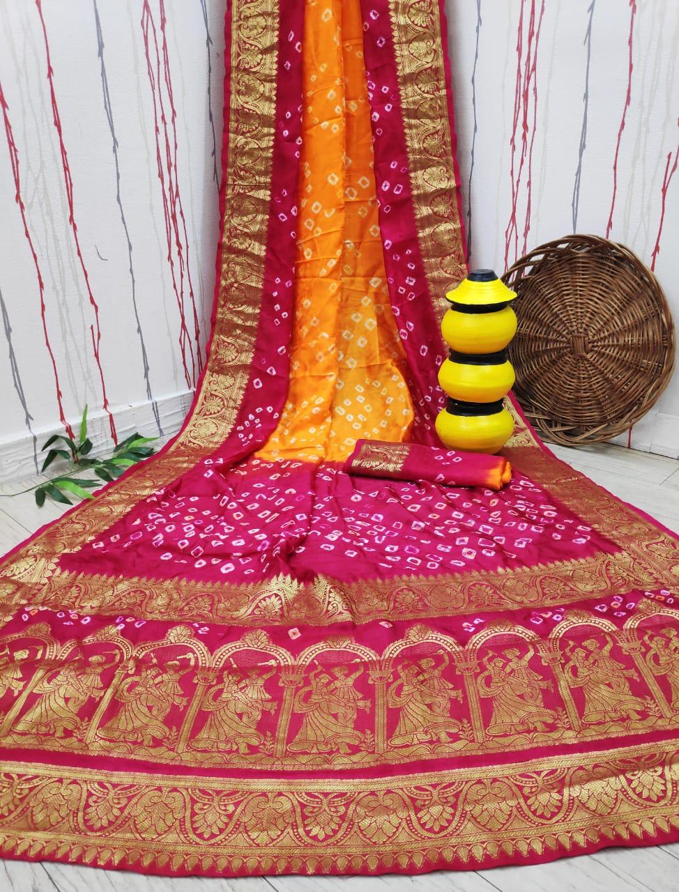 Rass Leela Bandhej Art Silk Weaving Bandhej Work Designer Sarees Collection

