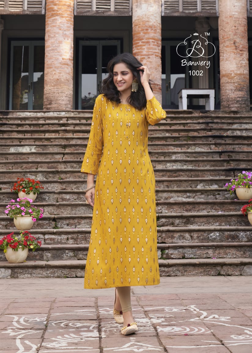 Banwery Colourbar Latest Fancy Heavy Foil Print Ethnic Wear Designer Kurtis Collection
