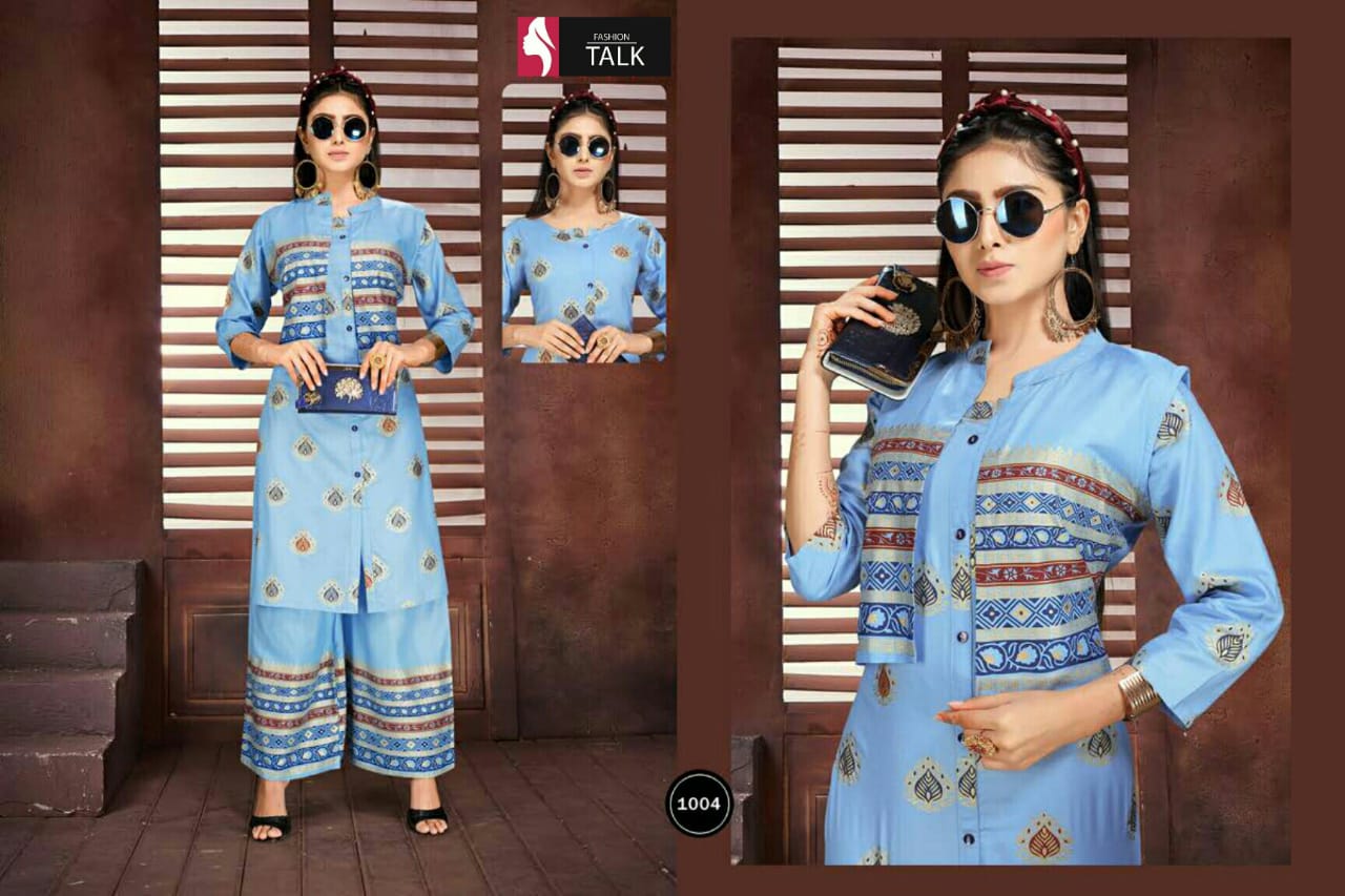 Ft Pintex Latest Fancy Designer Casual Wear Gold Print Heavy Rayon Kurti With Bottom Collection
